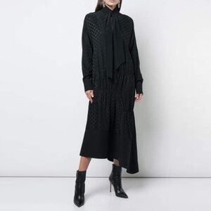 Tibi - Dot Jacquard Dolman Tie Neck Paneled Dress - Black